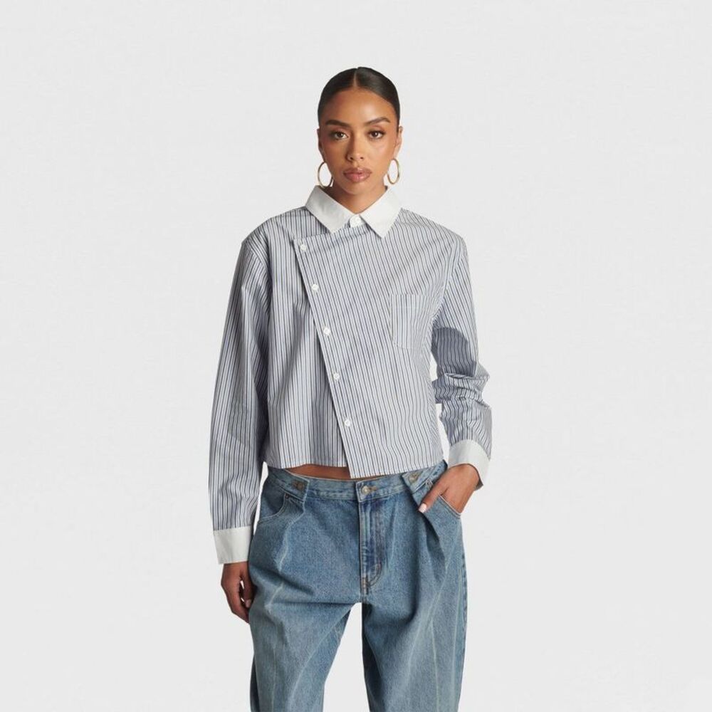 KBB by KAHLANA Women's Cropped Asymmetric Shirt - Light Blue Stripe M
